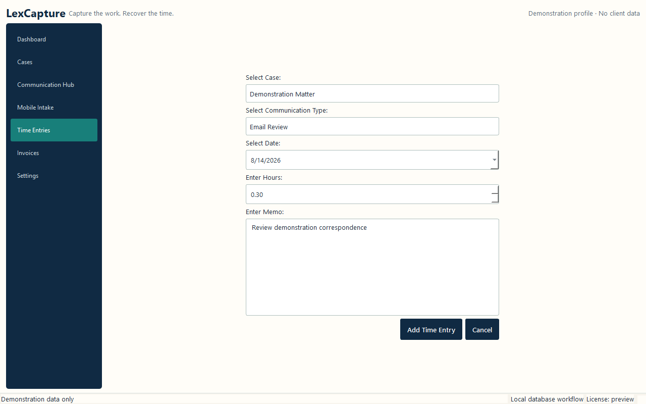 Sanitized LexCapture Add Time Entry dialog populated with demonstration case, date, hours, and memo values.