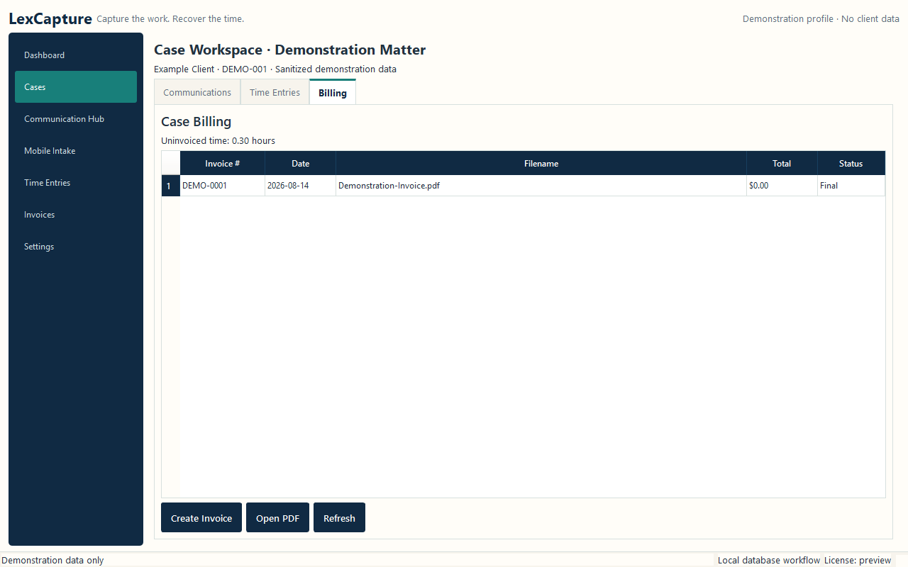 Sanitized LexCapture Case Workspace Billing tab showing a demonstration immutable invoice record.
