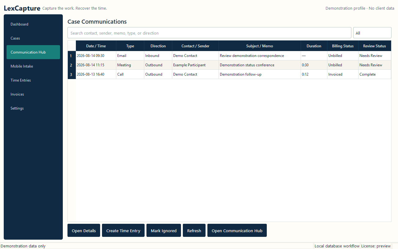 Sanitized LexCapture communication review workflow with demonstration email, meeting, and call metadata.