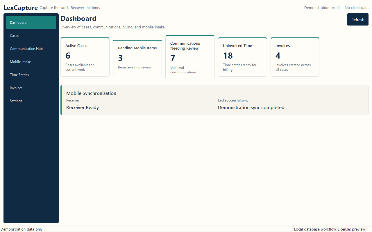 Sanitized LexCapture Dashboard showing case, communication, time, invoice, and mobile-sync summaries.