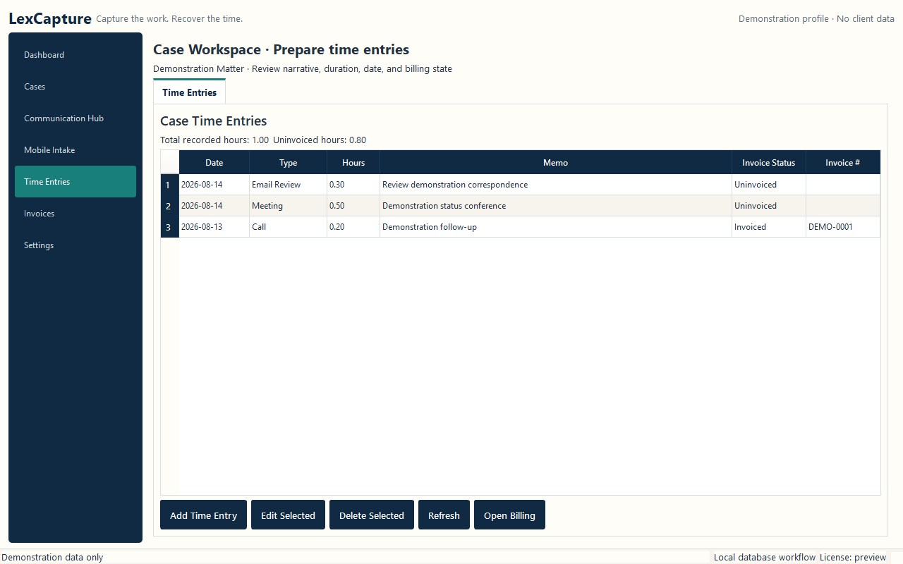 Sanitized LexCapture Case Workspace showing demonstration time entries ready for billing review.