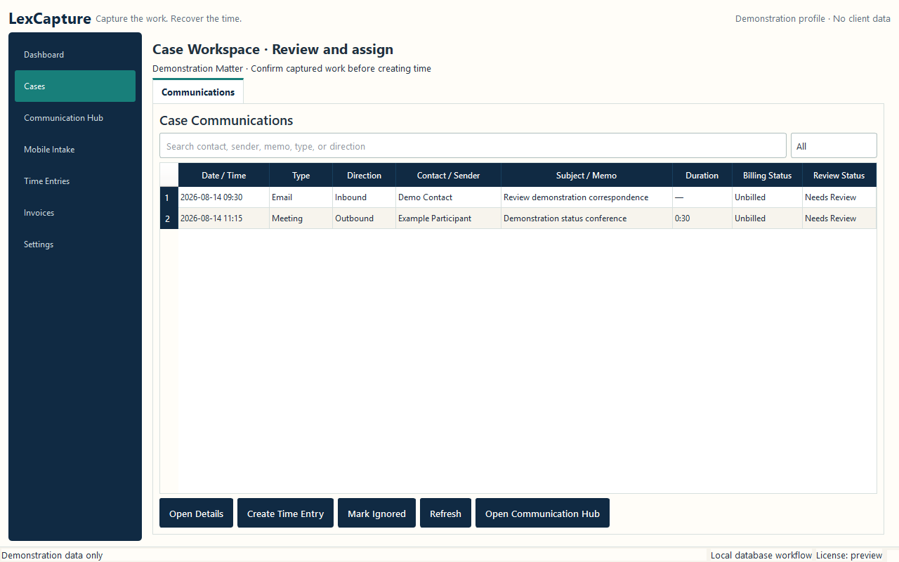 Sanitized LexCapture Case Workspace showing demonstration communications ready for review and assignment.