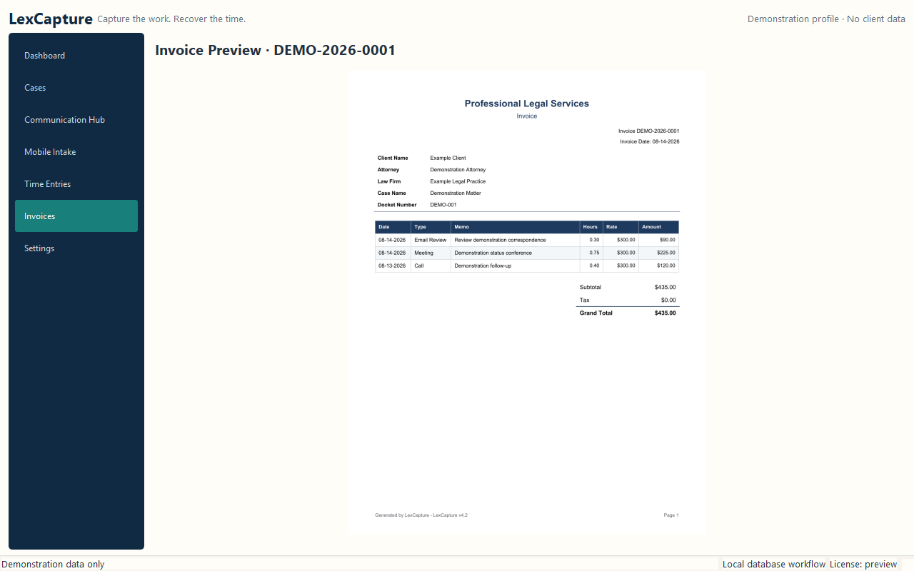 Sanitized LexCapture sample invoice showing demonstration client details, time entries, rates, and totals.