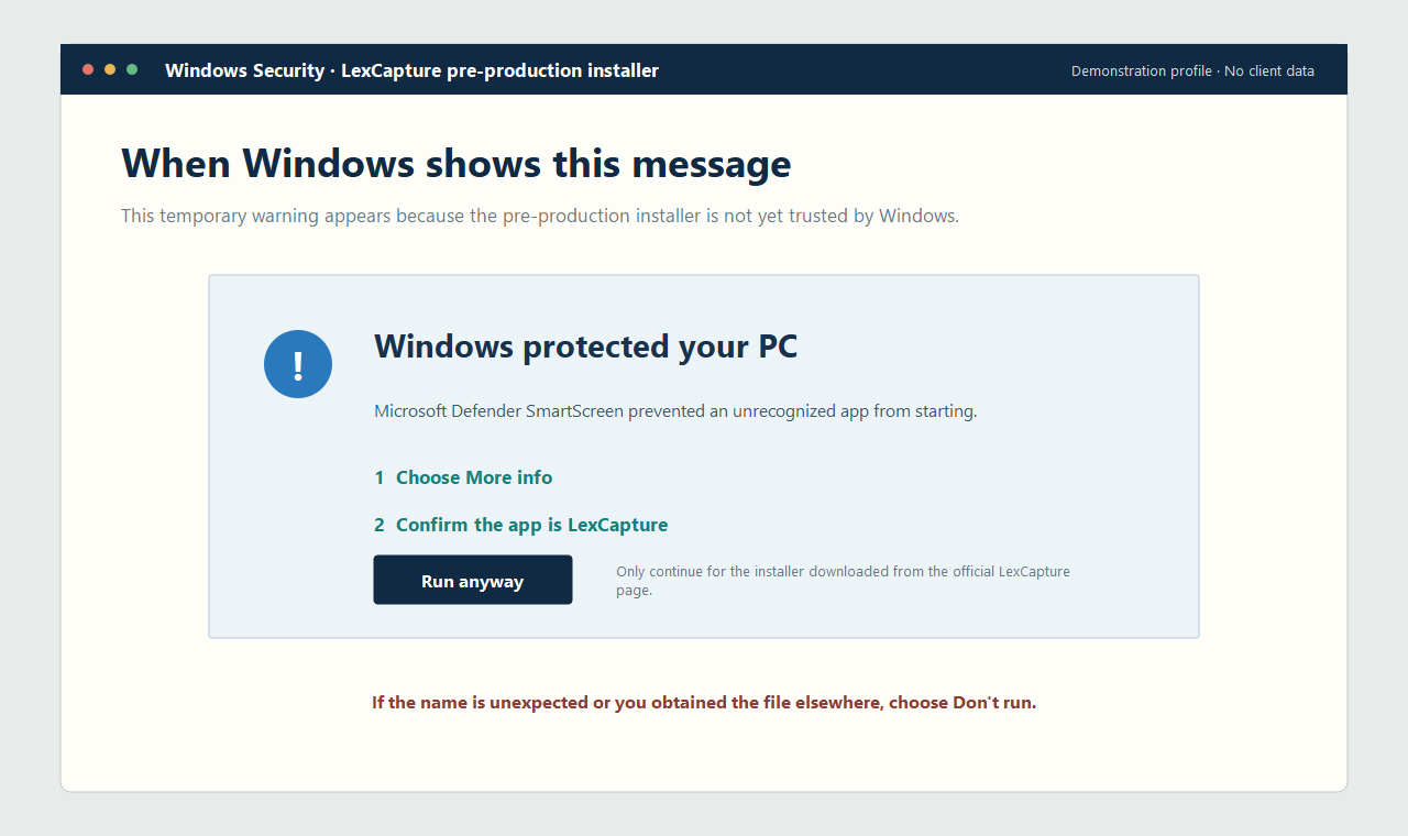Windows SmartScreen instructions showing More info and Run anyway for the LexCapture pre-production installer