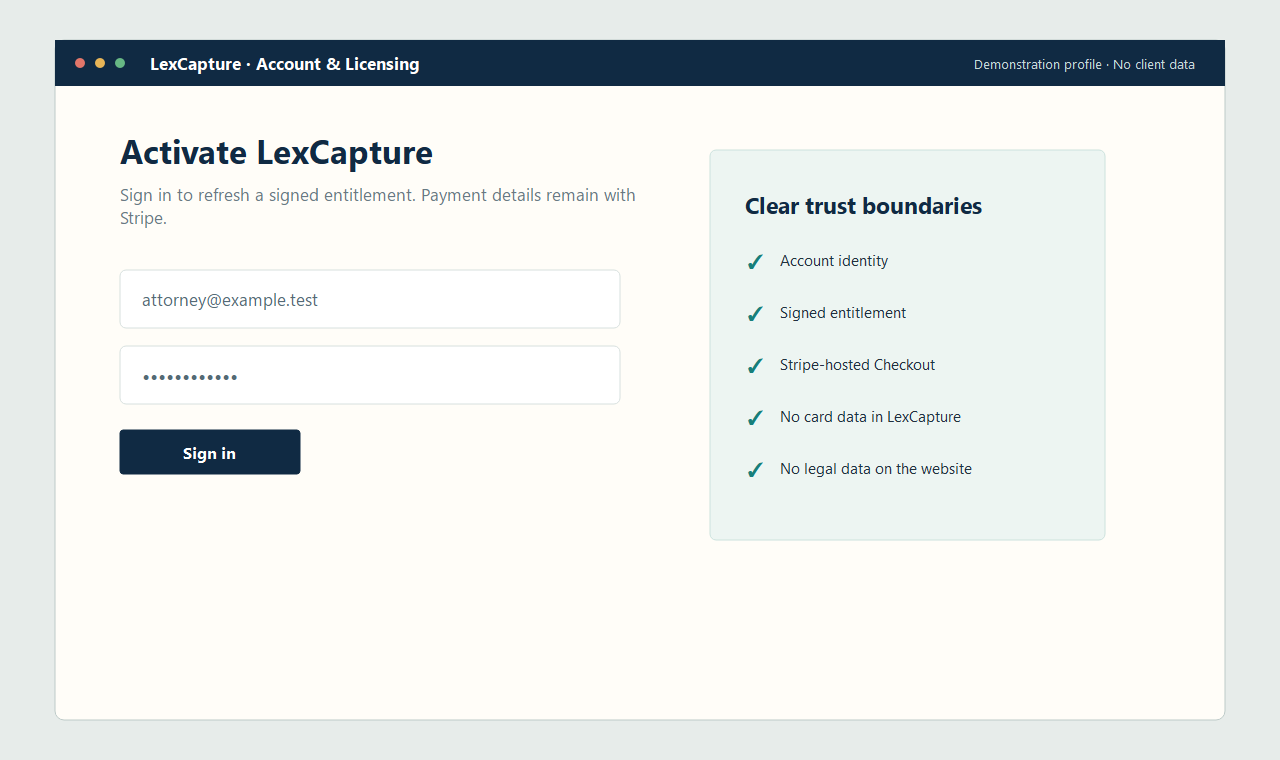 LexCapture account and activation panel
