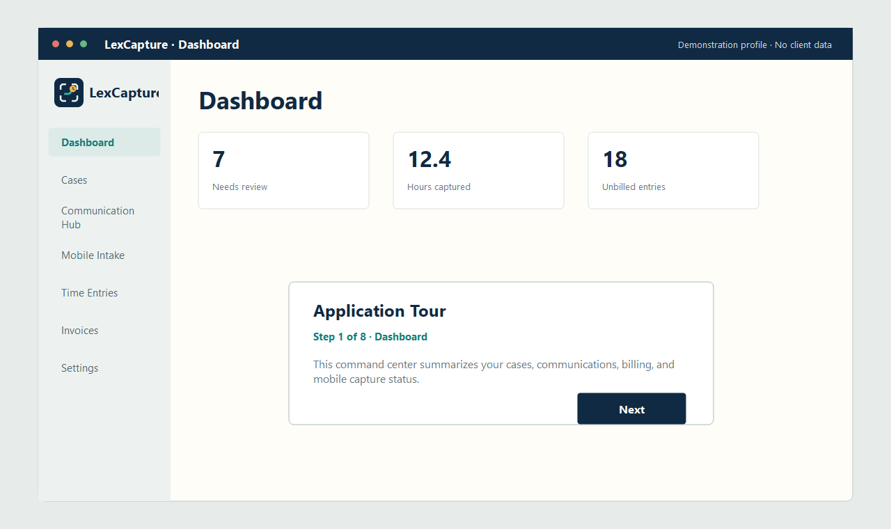 LexCapture application tour on the Dashboard step