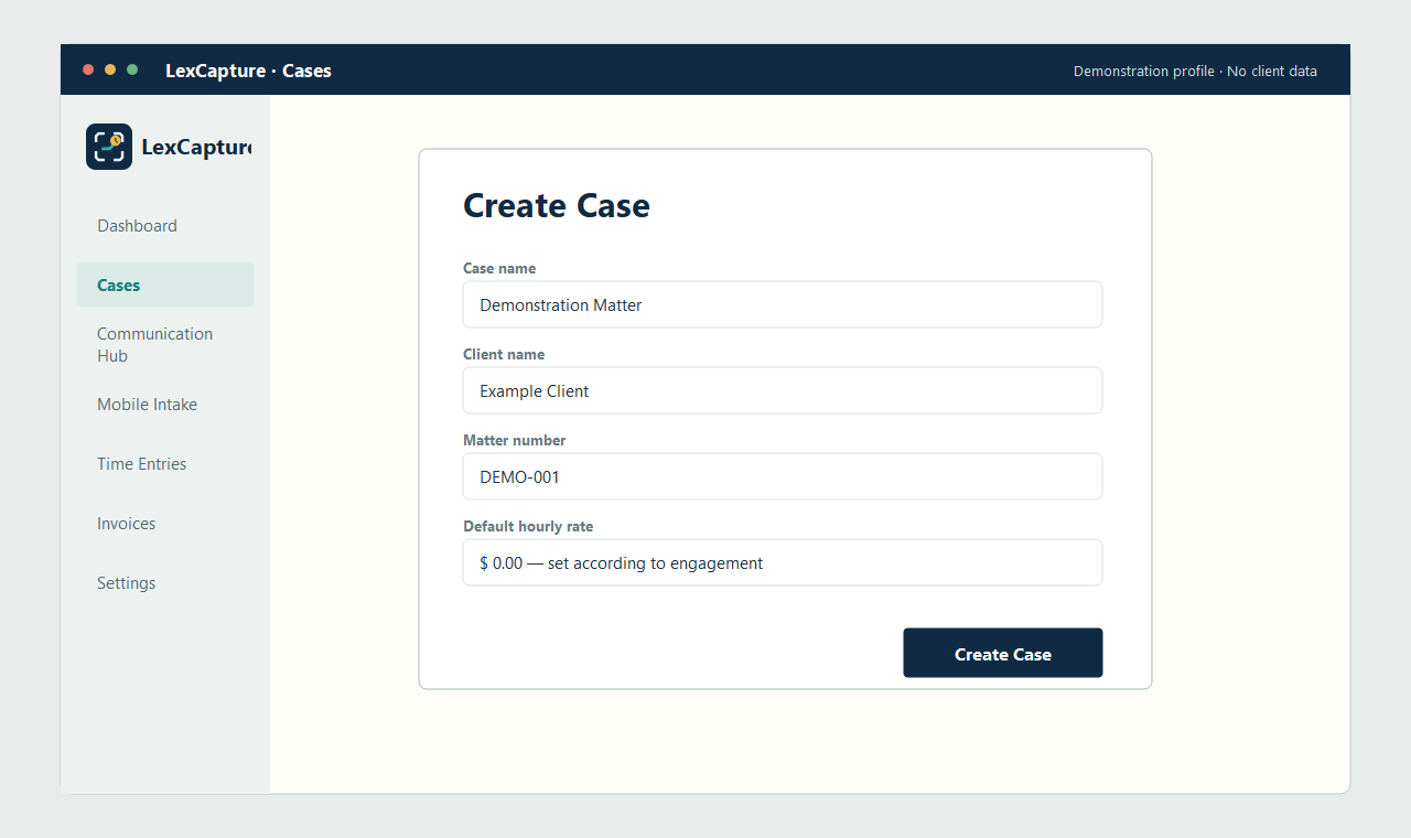 New case dialog in the LexCapture desktop