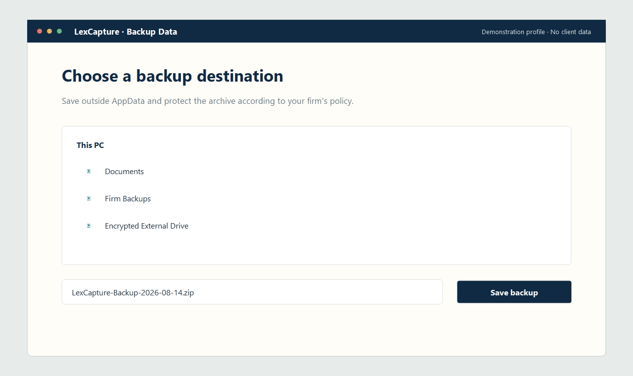 LexCapture backup destination dialog
