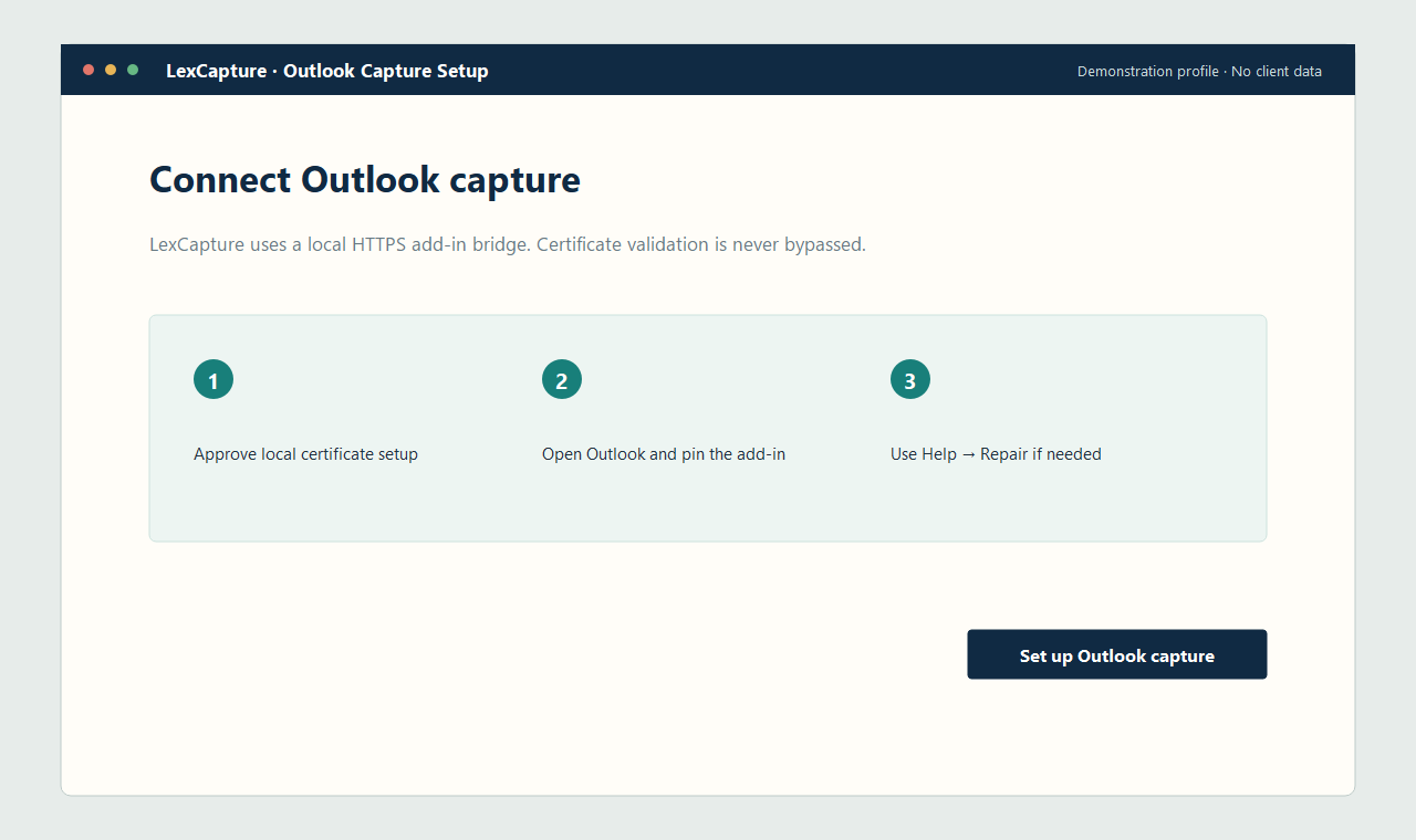 LexCapture Outlook connection setup with the Set Up action