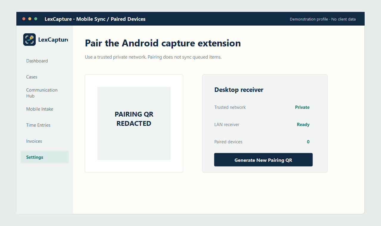 LexCapture mobile pairing window with demonstration pairing material redacted