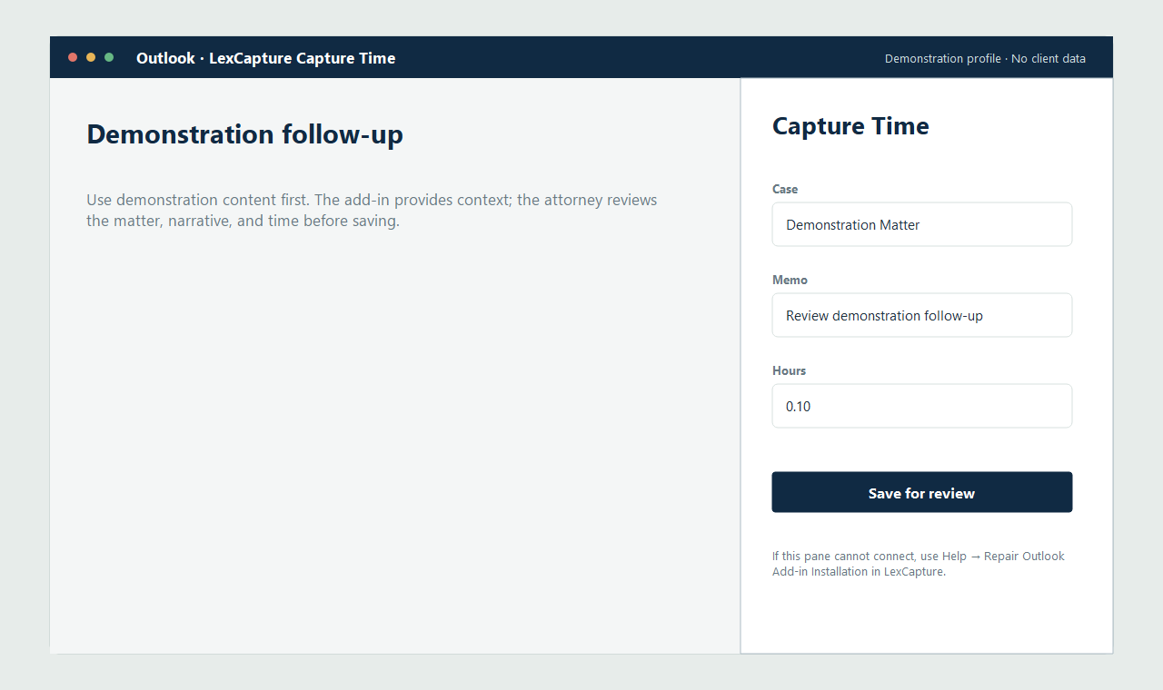 LexCapture Outlook task pane showing a demonstration capture ready for review