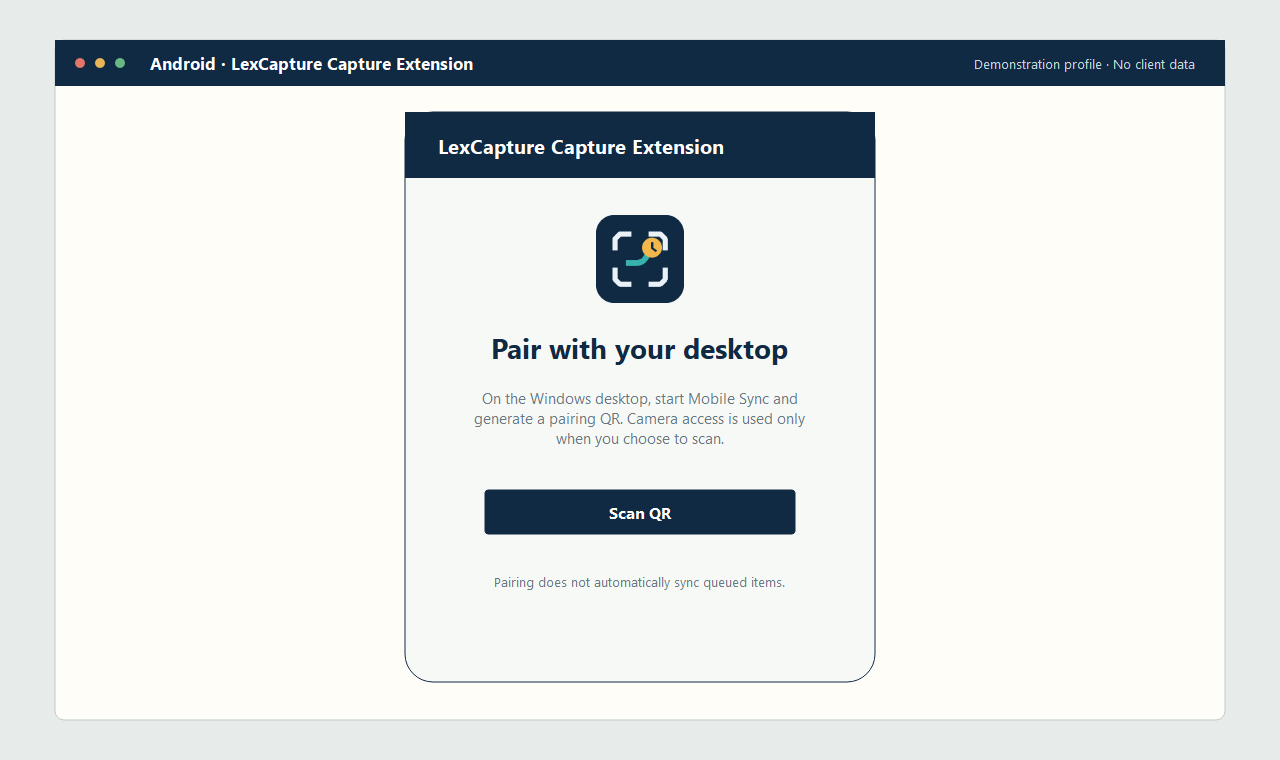 Android LexCapture Capture Extension showing the Scan QR setup action