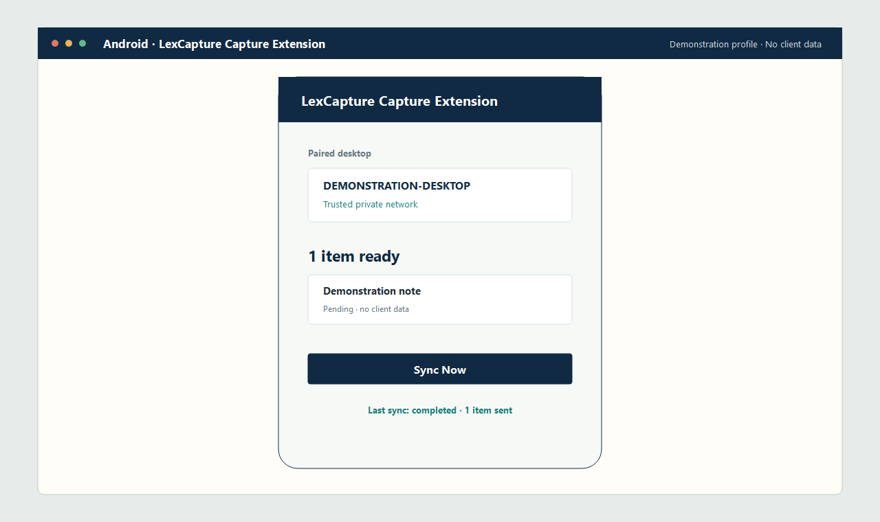 Android LexCapture Capture Extension showing a successful user-initiated demonstration sync